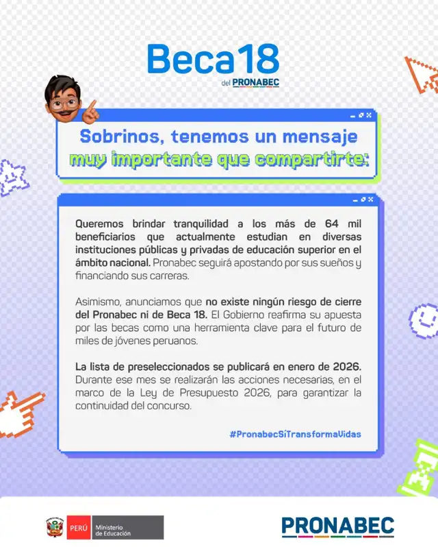 La lista de los estudiantes que recibirán la Beca 18 será publicada en enero 2026. Foto: Pronabec/ X