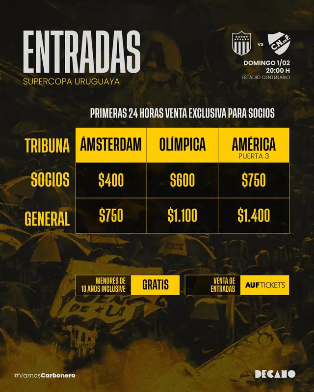Precio de las entradas para los hinchas del club carbonero. Foto: Peñarol 