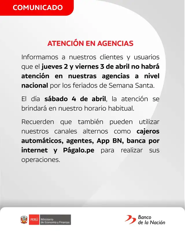  El BN emitió un comunicado en sus redes confirmando que este 2 y 3 de abril no habrá atención en sus agencias. Captura: Banco de la Nación.   