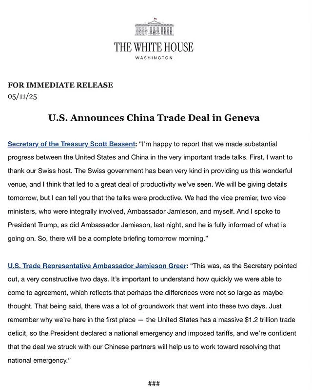 U.S. and Chinese officials meet in Geneva as the White House confirms a preliminary trade agreement—full details expected soon, marking a potential turning point in global economic relations. Photo: The White House U.S. and Chinese officials meet in Geneva as the White House confirms a preliminary trade agreement—full details expected soon, marking a potential turning point in global economic relations. Photo: The White House
