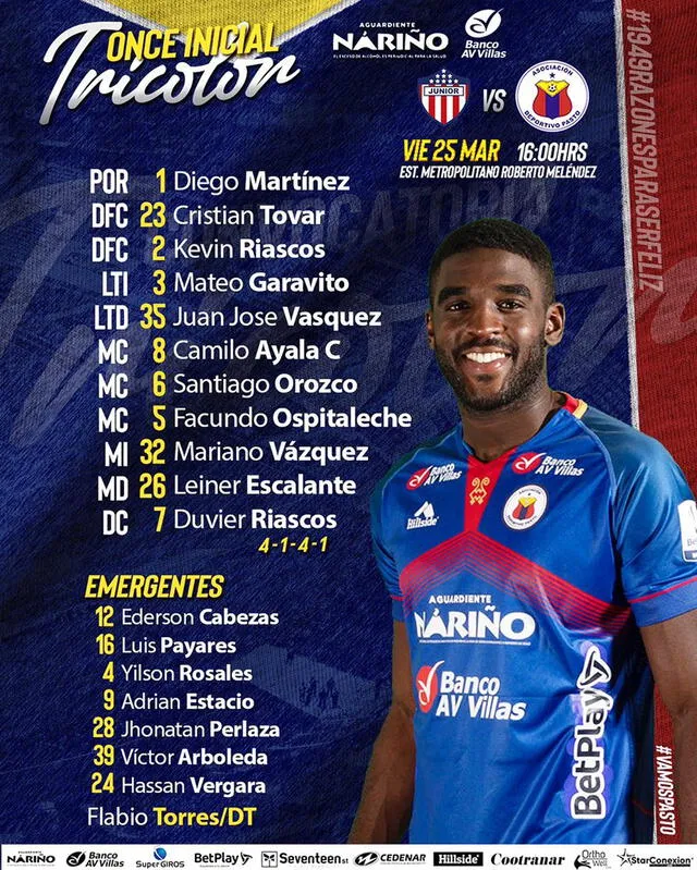 Así forma Deportivo Pasto ante Junior por la Liga Betplay. Foto: Deportivo Pasto.