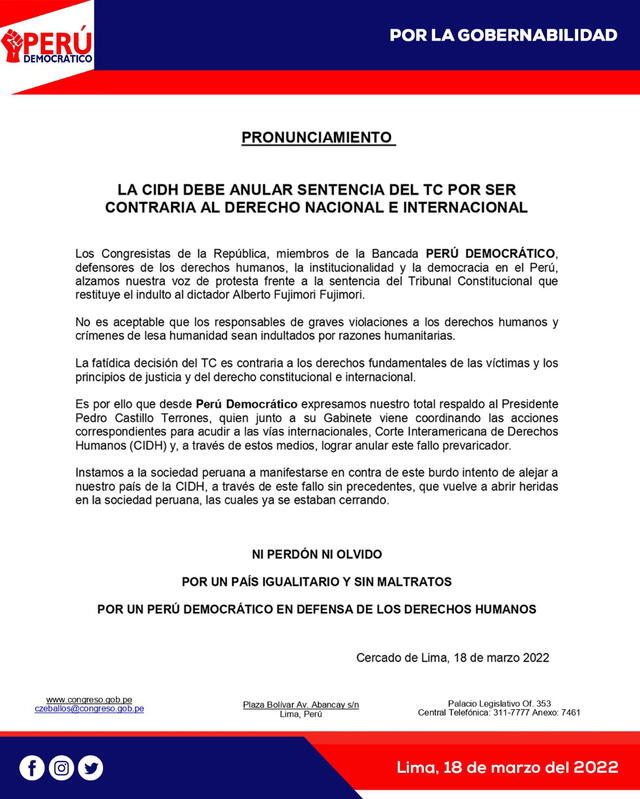 Comunicado de la bancada de Perú Democrático. Foto: documento