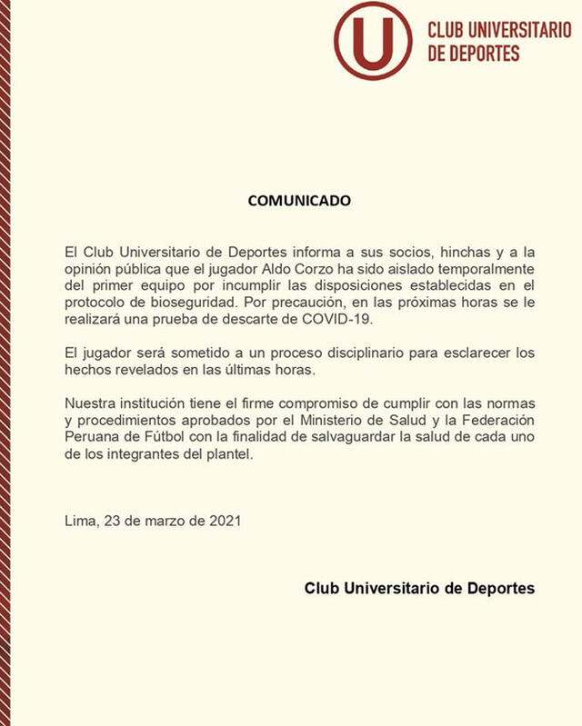 Comunicado de Universitario.