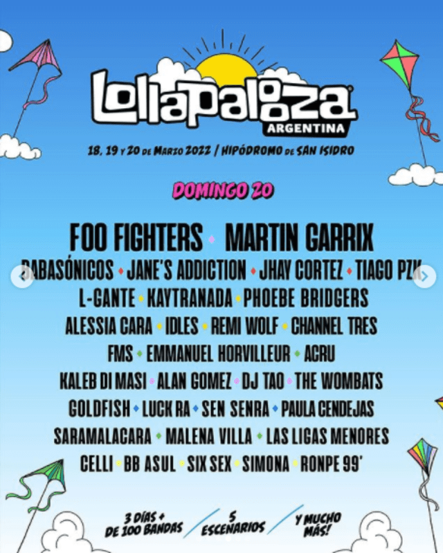 Estos son los artistas confirmados para el domingo 20 de marzo de 2022. Foto: lollapaloozaar/Instagram