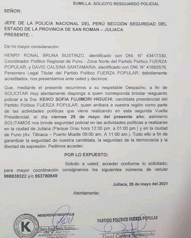 Piden resguardo policial tras el arribo de Keiko Fujimori a Puno. Foto: difusión
