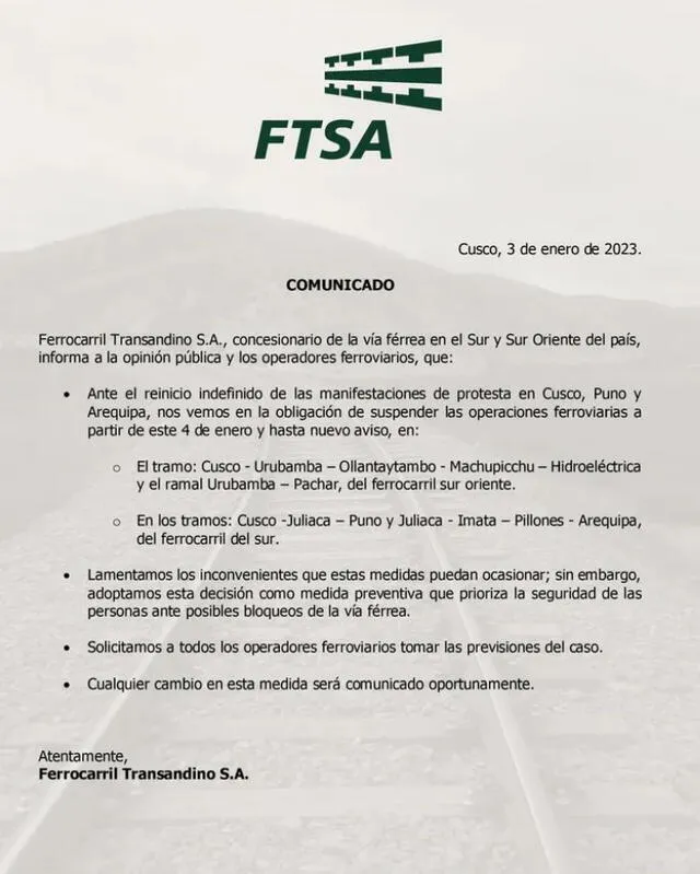 Comunicado de la empresa Ferrocarril Transandino S.A. (FTSA)