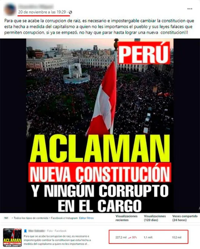 Publicación que comparte la imagen en la que se desliza un apoyo masivo al cambio de la Constitución durante una movilización. FOTO: Captura de Facebook.