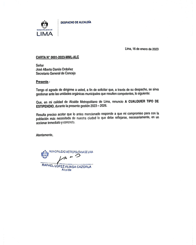 Misiva de López Aliaga a José Danós Ordoñez, secretario general del Concejo. Foto: @MuniLima/Twitter