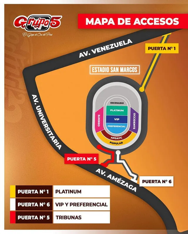  Mapa de accesos para el concierto del Grupo 5. Foto: Captura de Instagram    