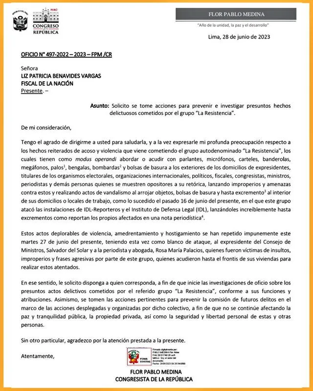 Solicitud de Flor Pablo a Fiscal de la Nación. Foto: Twitter Flor Pablo   