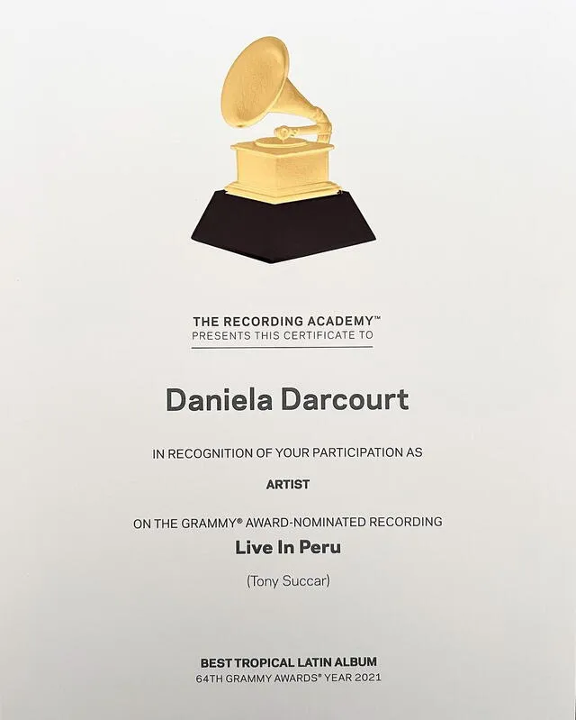  Daniela Darcourt agradeció a Tony Succar por haberla convocado a formar parte de su álbum que fue nominado a los Premios Grammy. Foto: Daniela Darcourt/Instagram   