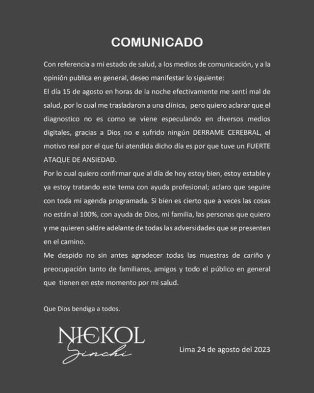 Comunicado de Nickol Sinchi a través de Facebook. Foto: captura/Facebook   