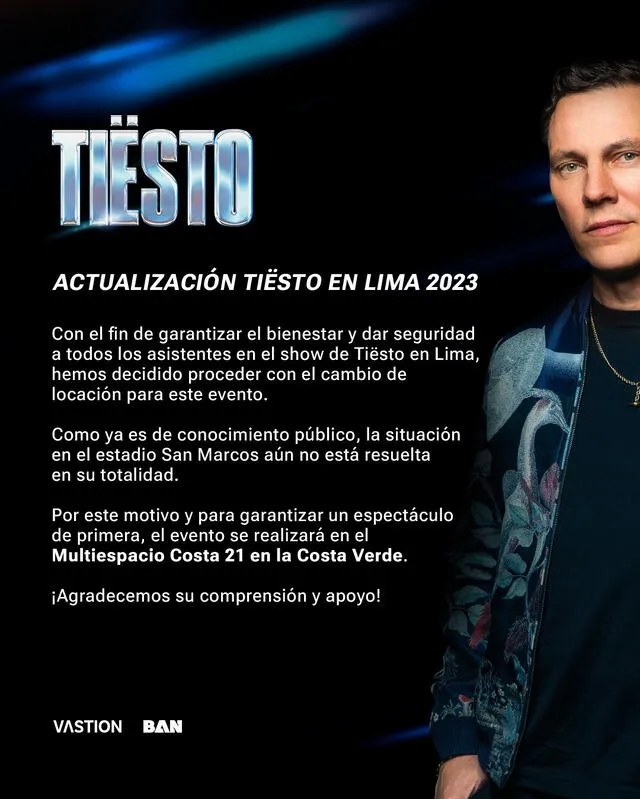  Tiësto es uno de los artistas afectados por la clausura de estadio San Marcos. Foto: Facebook    