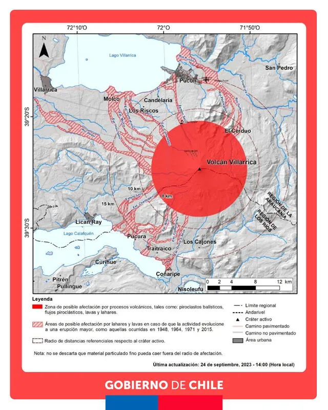 El gobierno de Chile avisó a través de sus redes sociales el hecho ante el incremento de la actividad volcánica del Volcán Villarrica y las zonas de posible afectación. Foto: @GobiernodeChile   