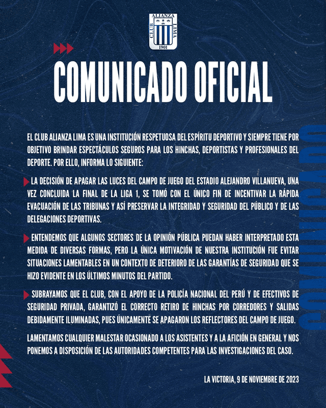 Comunicado Alianza Lima sobre apagón. <strong>Foto: Alianza Lima </strong> 