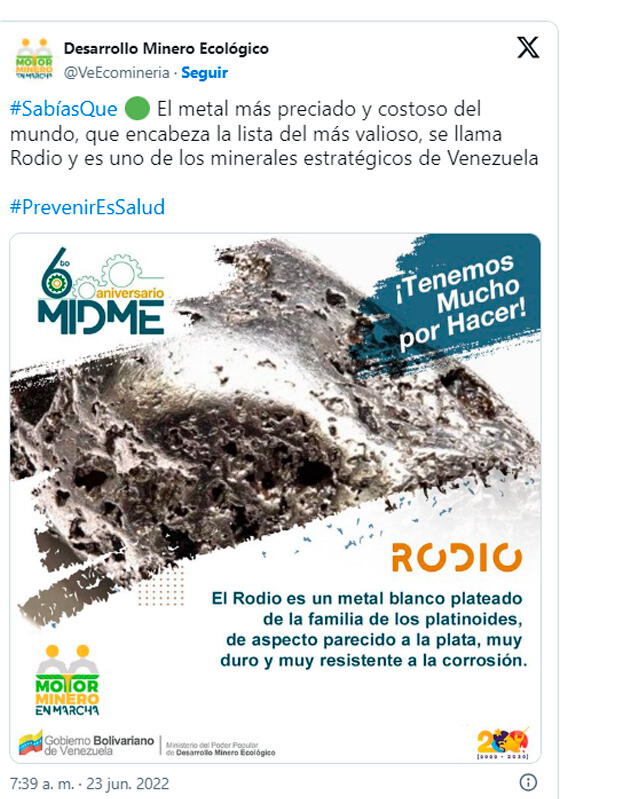 En 2022, el Gobierno de Venezuela agregó al rodio como uno de sus minerales estratégicos. Foto: composición LR/Twitter   