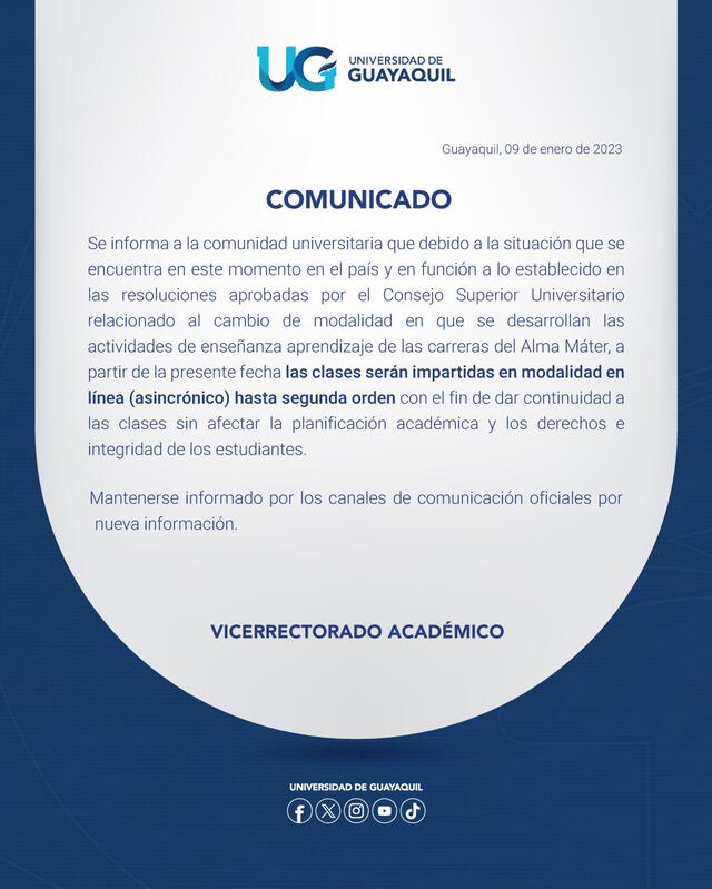 Comunicado de la institución. Foto: @UdeGuayaquil/X   