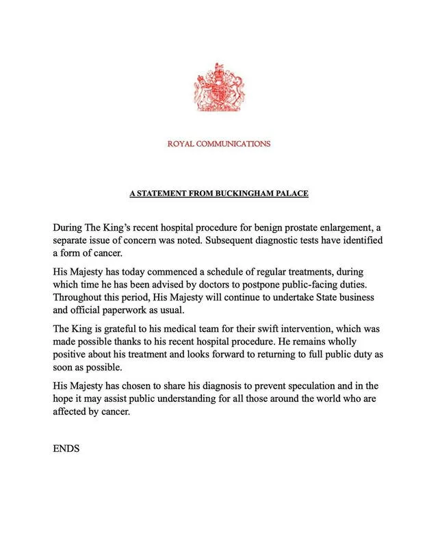 Comunicado del Palacio de Buckingham sobre el diagnóstico del rey Carlos III. Foto: Palacio de Buckingham    