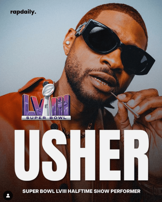 El cantante estadounidense Usher será el encargado de cubrir el show de medio tiempo o halftime show del Super Bowl 2024. Foto: NFL  