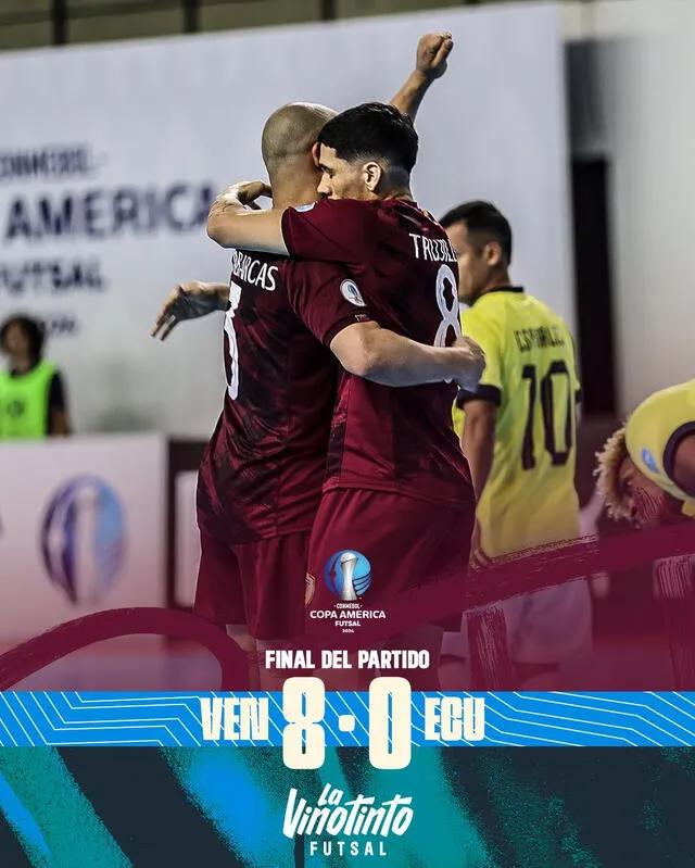 Venezuela perpetró una tremenda goleada a Ecuador por 8-0 en la Copa América de Futsal 2024. Foto: La Vinotinto de Futsal/X   