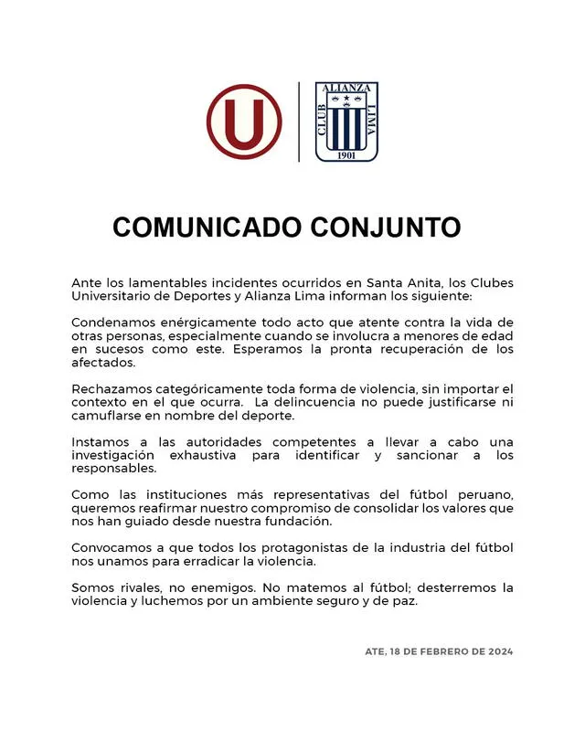 Comunicado de Universitario y Alianza Lima. <strong>Foto: captura de X</strong>   