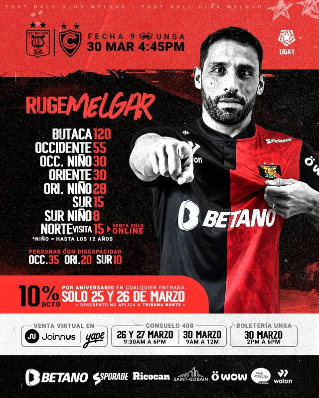 Precios Melgar vs. Cienciano. Foto: Melgar 