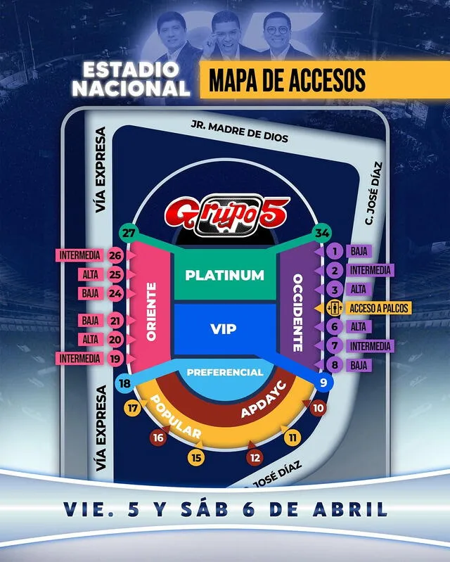  Mapa de accesos al Estadio Nacional para los conciertos del Grupo 5. Foto: Instagram/Grupo 5   