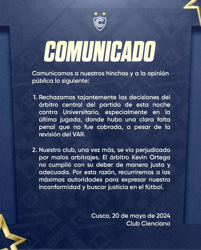 Comunicado de Cienciano. <strong>Foto: Cienciano</strong>   