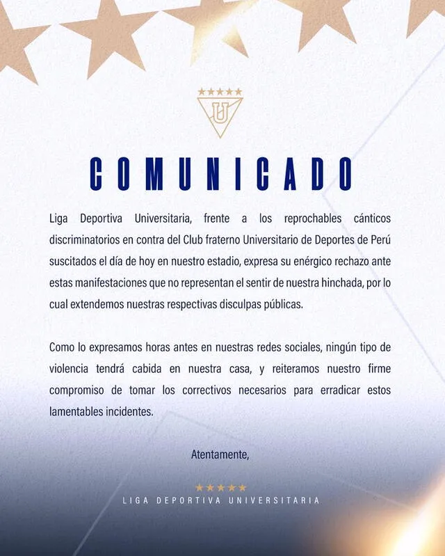 Comunicado de LDU. Foto: /LDU.  