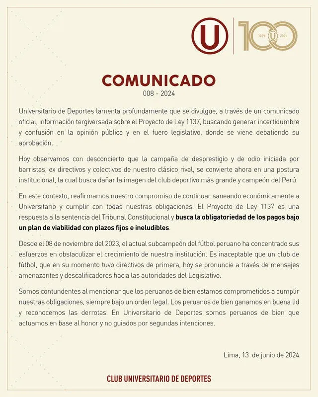Comunicado de Universitario de Deportes. Foto: X/Universitario 