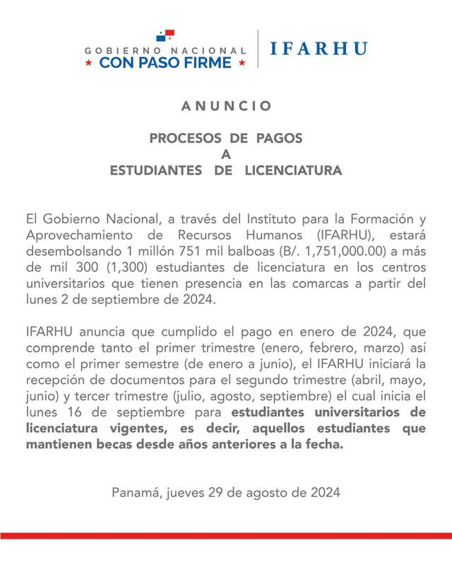  IFARHU anunció nuevas fechas de pagos e inscripciones. Foto: IFARHU    