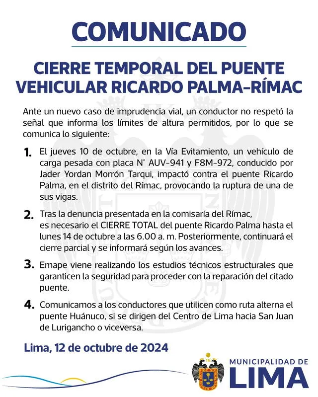 Cierre total del puente vehicular Ricardo Palma. Foto: Municipalidad de Lima   