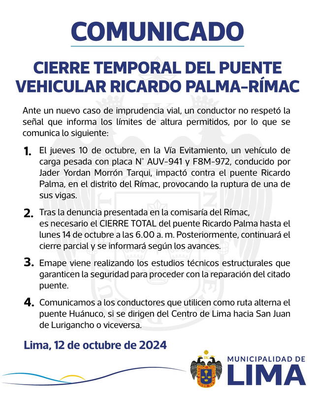  Cierre total de puente Ricardo Palma en Rímac   