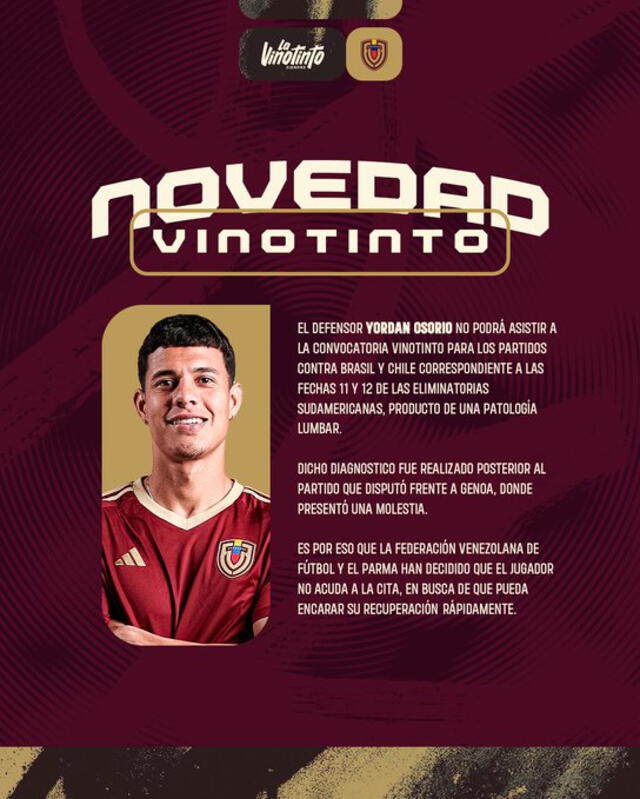 Yordan Osorio estará fuera de los juegos que disputará la Vinotinto en esta fecha FIFA de noviembre. Foto: Vinotinto/X   