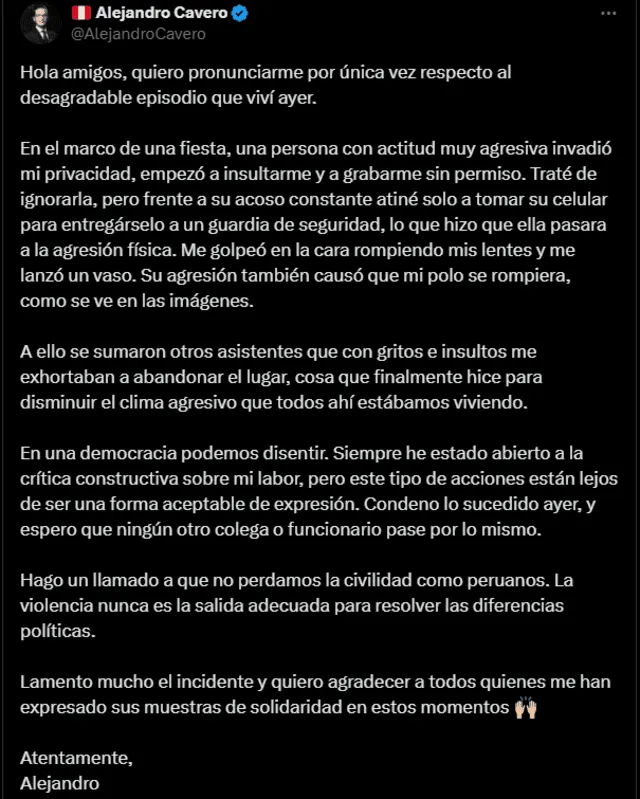 Post de Alejandro Cavero via X. 