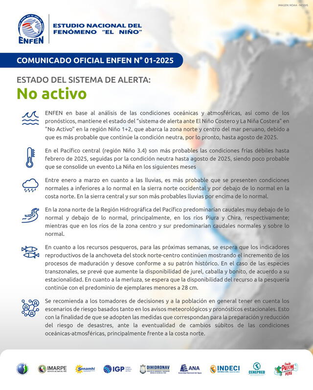 Comunicado de ENFEN sobre estado del sistema de alerta "no activo" ante El Niño Costero y La Niña Costera. Foto: ENFEN   