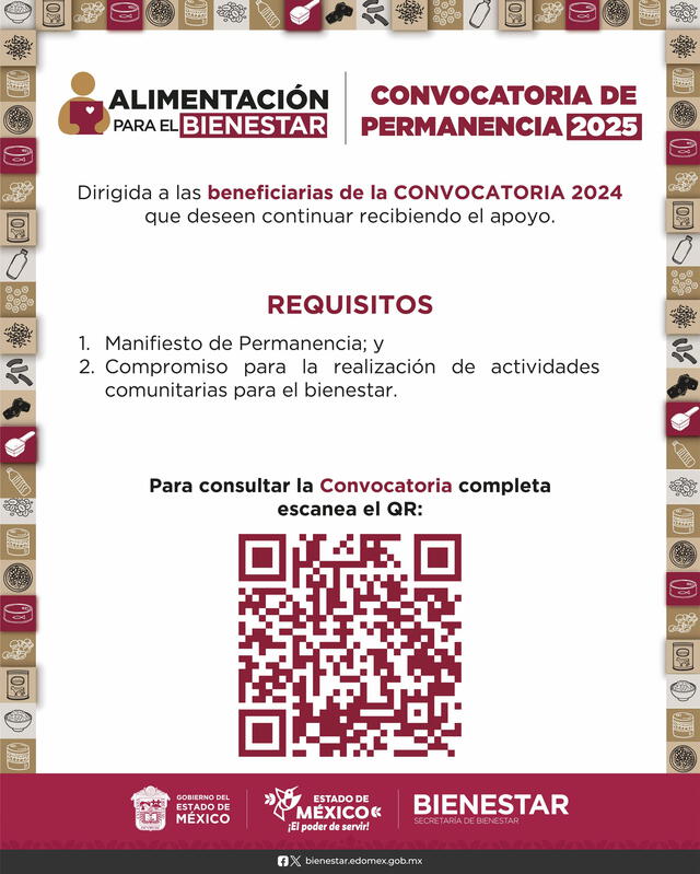  Convocatoria de permanencia para el programa Alimentación para el bienestar 2025. | X | @BienestarEdoMx    