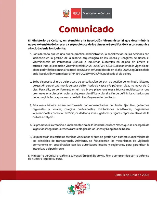 Ministerio de Cultura restituyó resolución que redujo área protegida de las Líneas de Nasca. Ministerio de Cultura restituyó resolución que redujo área protegida de las Líneas de Nasca.