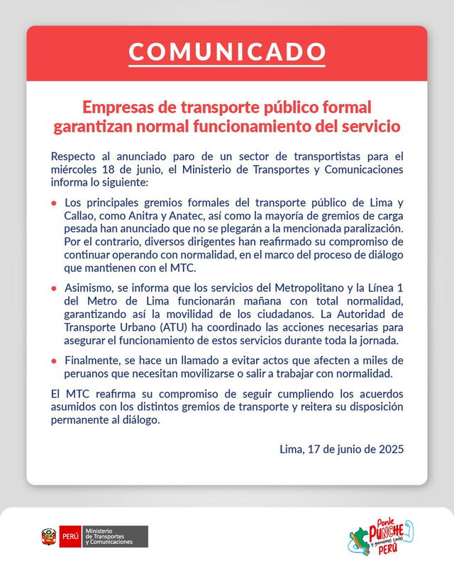 Comunicado del MTC. Foto: MTC   