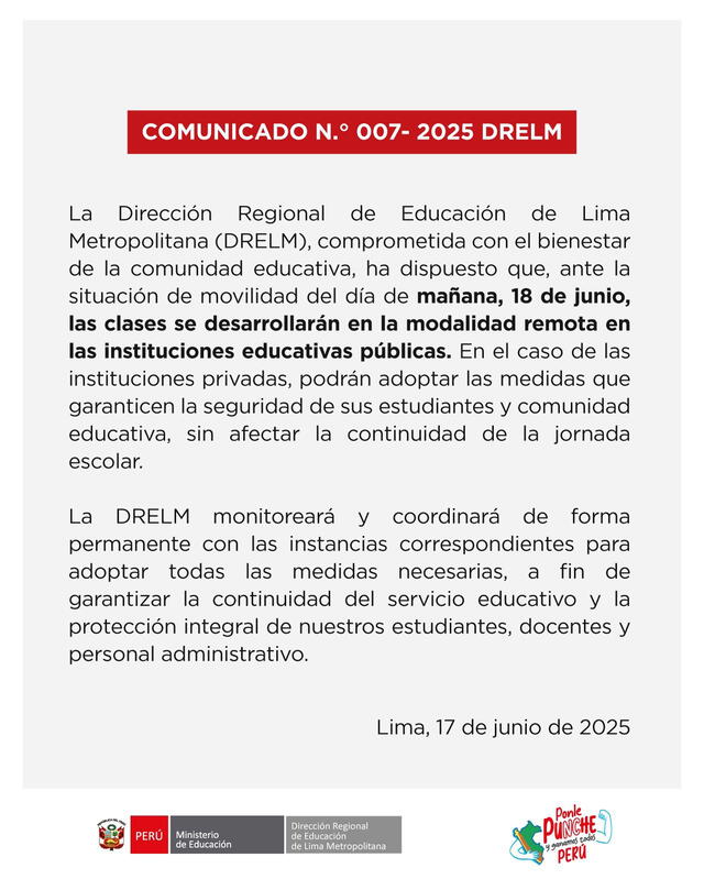 Comunicado de Minedu. Foto: X Comunicado de Minedu. Foto: X