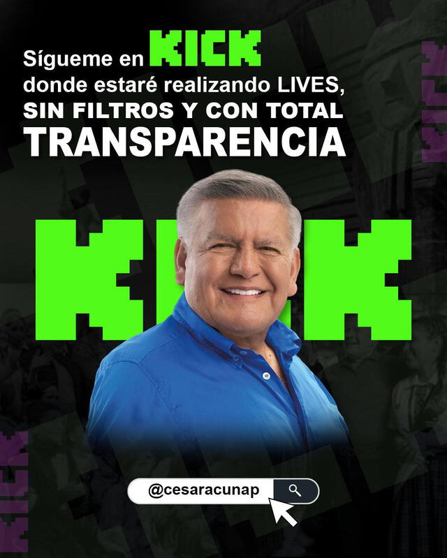 Post en Facebook de César Acuña anunciando su canal en Kick. Foto: César Acuña.   