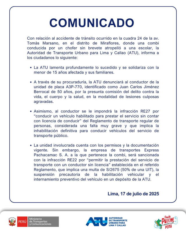 Comunicado de ATU.   