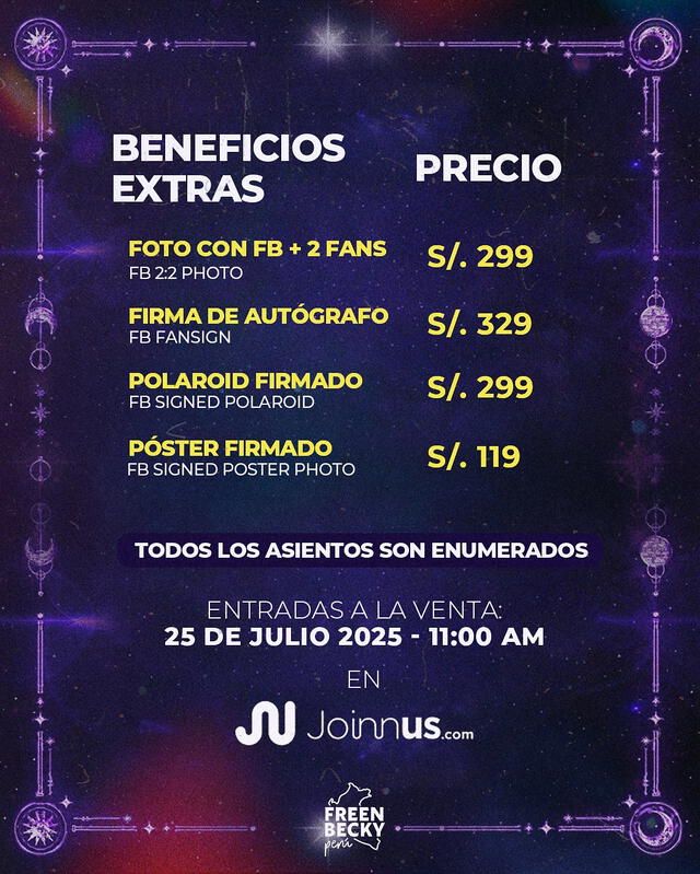 Precios de entradas para FreenBecky en Perú y beneficios. Foto: Instagram/freenbeckyperuoficial Precios de entradas para FreenBecky en Perú y beneficios. Foto: Instagram/freenbeckyperuoficial