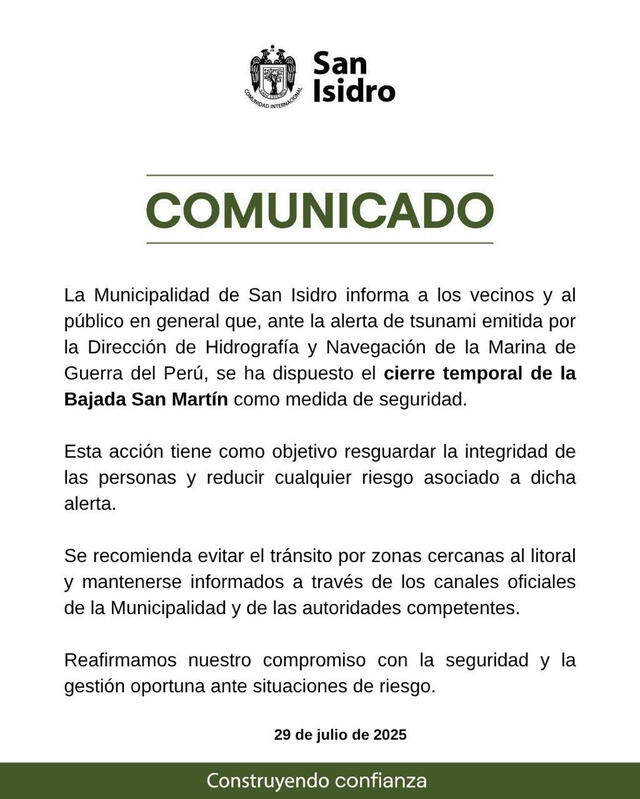 Comunicado de la municipalidad de San Isidro ante la alerta de tsunami. Foto: FB Comunicado de la municipalidad de San Isidro ante la alerta de tsunami. Foto: FB