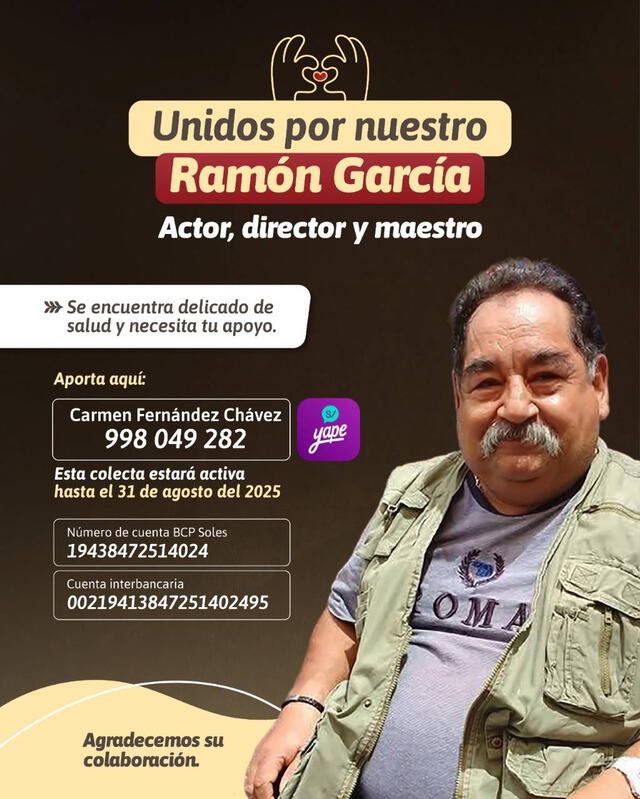 Campaña de donación a favor del actor peruano Ramón García. Foto: Instagram/palomayerovicisneros Campaña de donación a favor del actor peruano Ramón García. Foto: Instagram/palomayerovicisneros