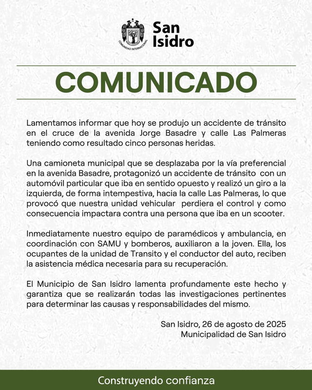 Comunicado de la municipalidad de San Isidro tras accidente. Foto: FB Comunicado de la municipalidad de San Isidro tras accidente. Foto: FB