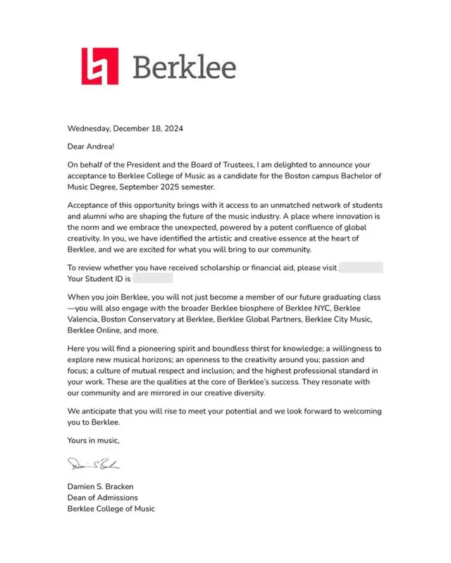  Carta de aceptación de Berklee para Andrea Burga. Fuente: Insgram   