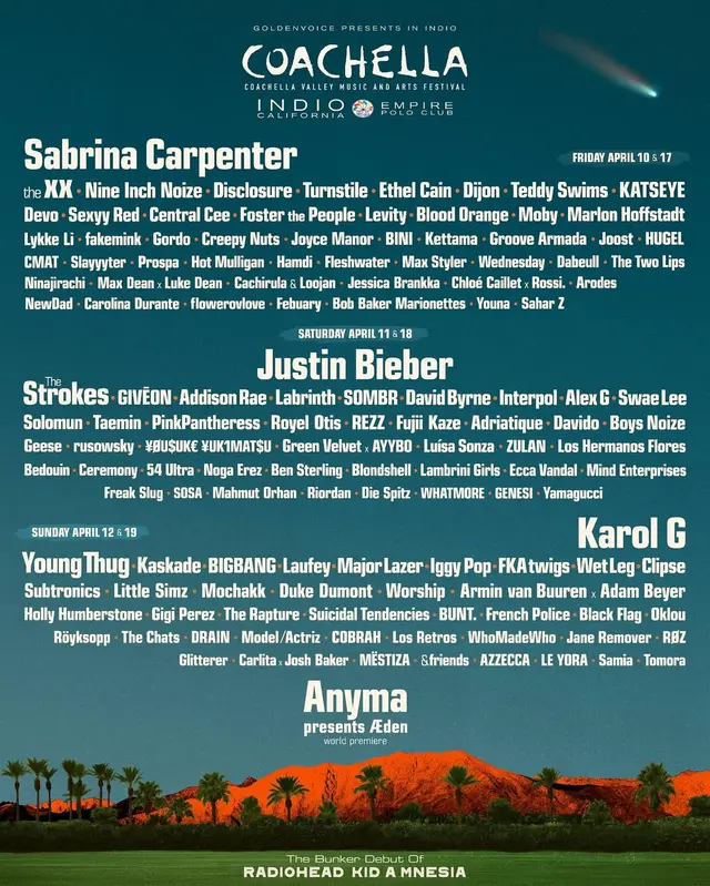  Lineup de Coachella 2026. Foto: Coachella   