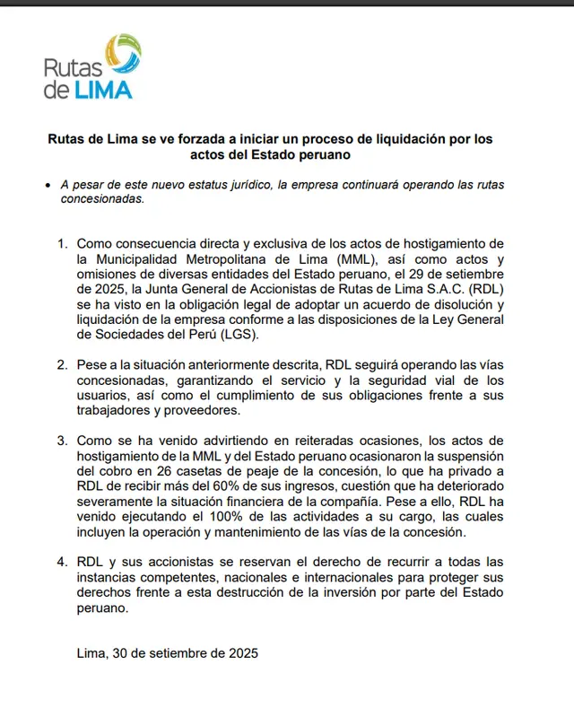 Comunicado de Rutas de Lima.   