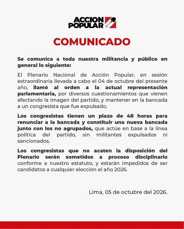 Comunicado de Acción Popular. Foto: Julio Chávez/X   